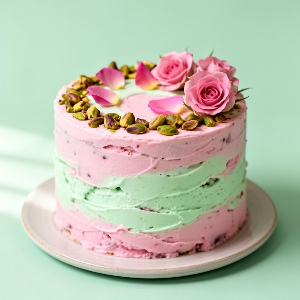 Pink and mint pistachio rose ice cream cake